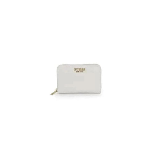 White leather Guess wallet with gold zipper and branding for women