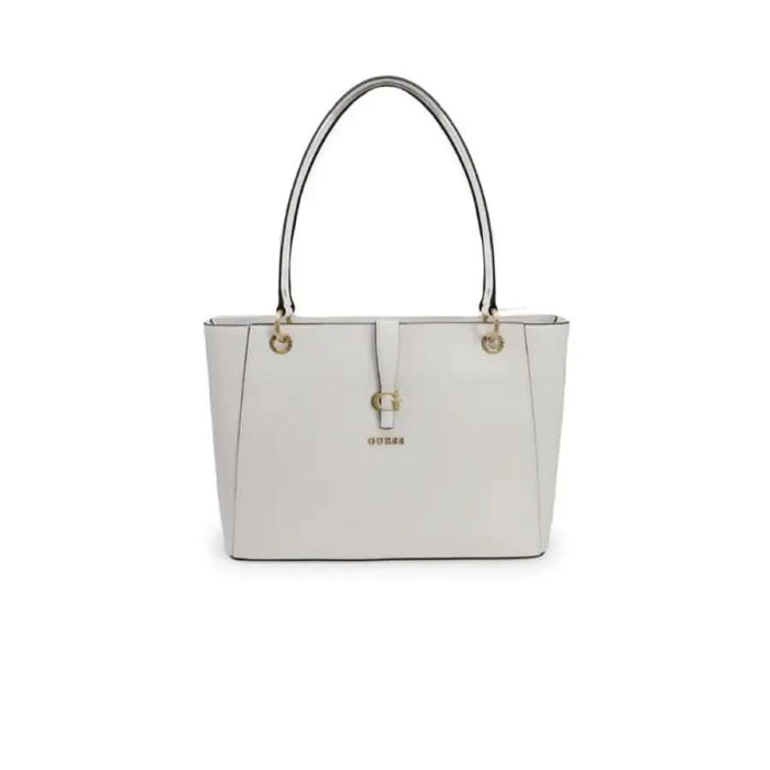 White leather handbag with gold-tone hardware from Guess featuring a structured shape