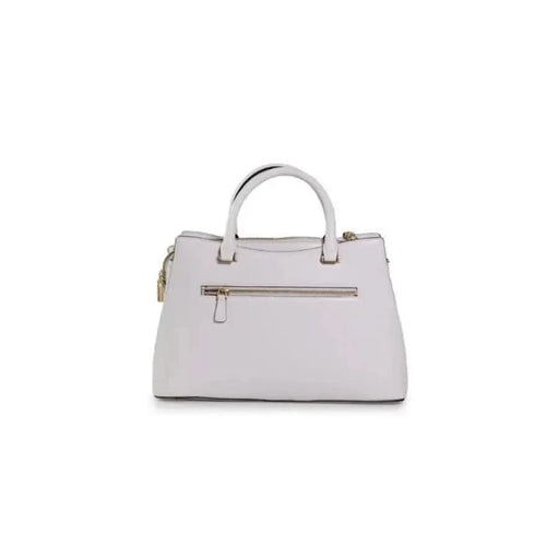 White leather Guess handbag with gold-toned hardware and front zipper pocket