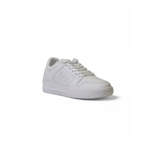 White leather Ea7 Men Sneakers featuring low-top design and lace-up closure