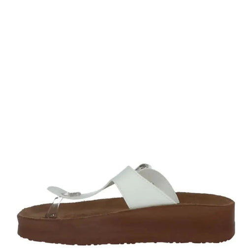 Carrera Women Slippers - White leather thong sandal with brown platform sole