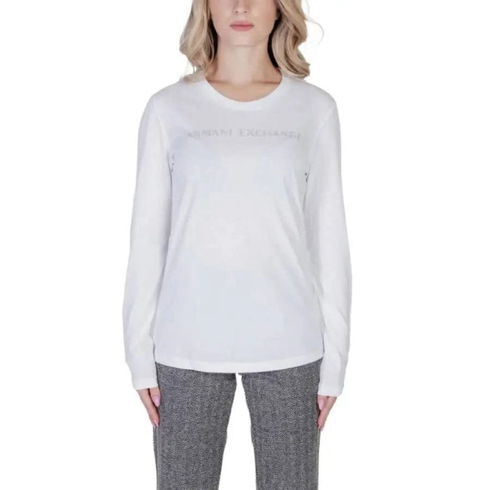 White long-sleeve cotton t-shirt with subtle text for Armani Exchange Women T-Shirt