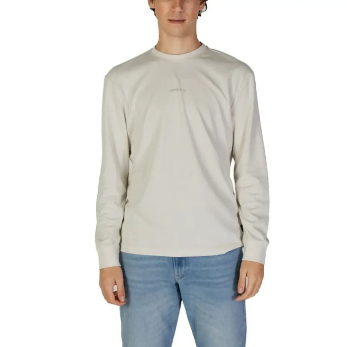 Beige Round Neck Long Men Sweatshirt by Gas styled with white crewneck t-shirt and jeans