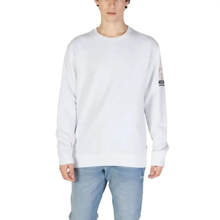 White long-sleeve crewneck sweatshirt with sleeve patch from Moschino Underwear