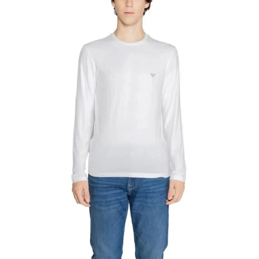 White long-sleeved crewneck sweater featuring small embroidered logo by Emporio Armani