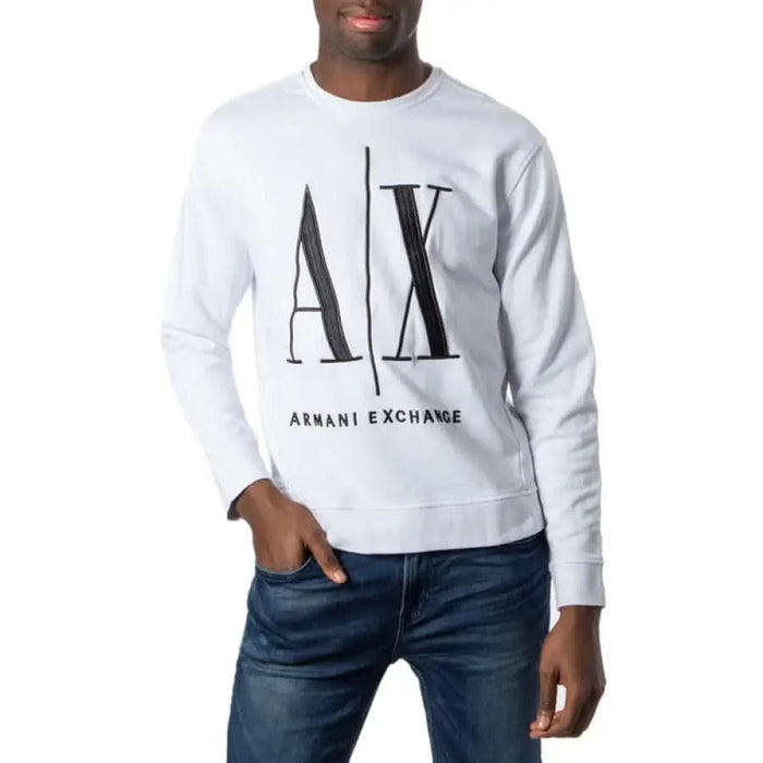 Armani Exchange Men White Long-Sleeved Sweatshirt with Armani Exchange Logo Print on Front