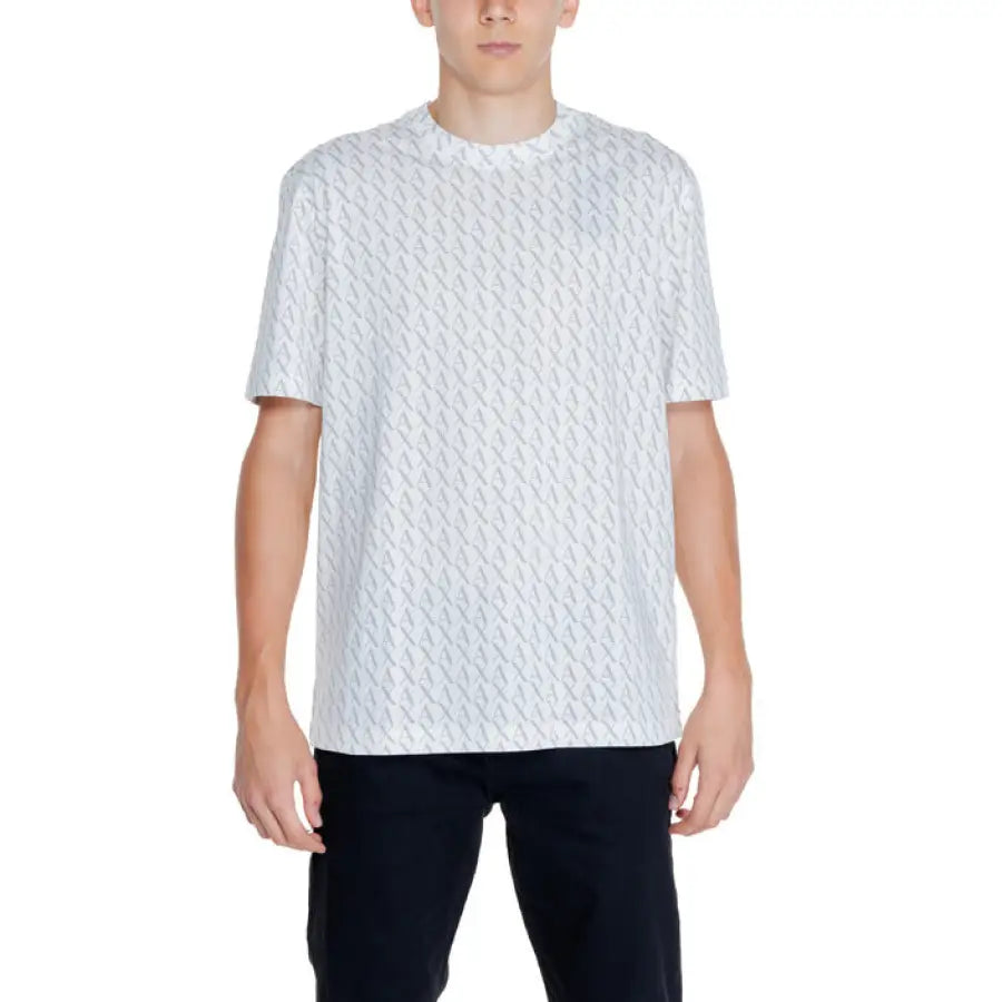 Woman wearing Armani Exchange white patterned short-sleeve t-shirt