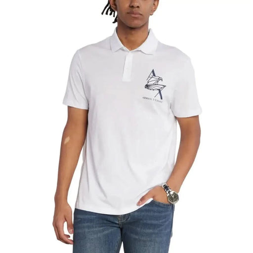 White polo shirt with geometric logo on chest from Armani Exchange Men Polo collection