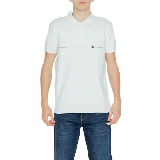 White Calvin Klein Jeans men’s polo shirt with thin horizontal stripe across chest