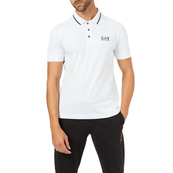 White EA7 polo shirt featuring logo on chest for men