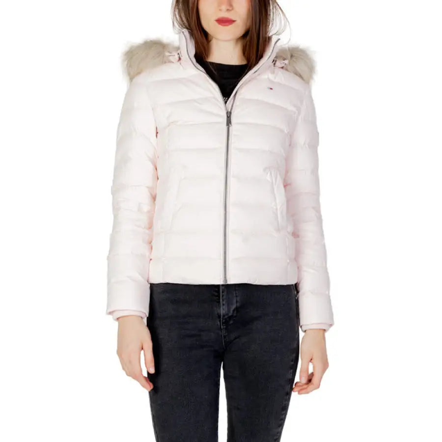 Tommy Hilfiger Women’s white puffer jacket with fur-trimmed hood and front zipper