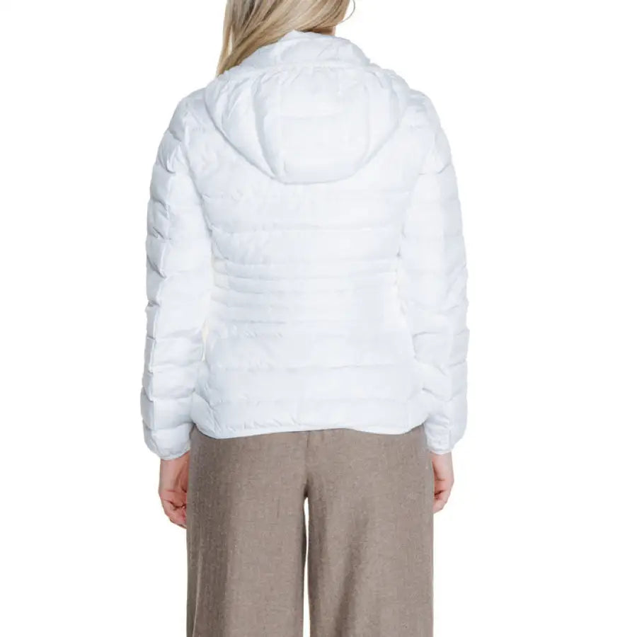 Ea7 Women Jacket - White puffy hooded jacket shown from the back