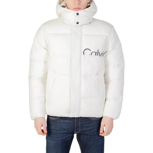 White puffy winter jacket with high collar and Calvin branding for men by Calvin Klein Jeans