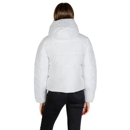 White puffy winter jacket with high collar view from back by Calvin Klein Jeans