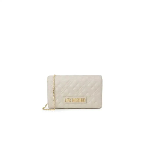 White quilted Love Moschino clutch purse with gold branding and chain strap