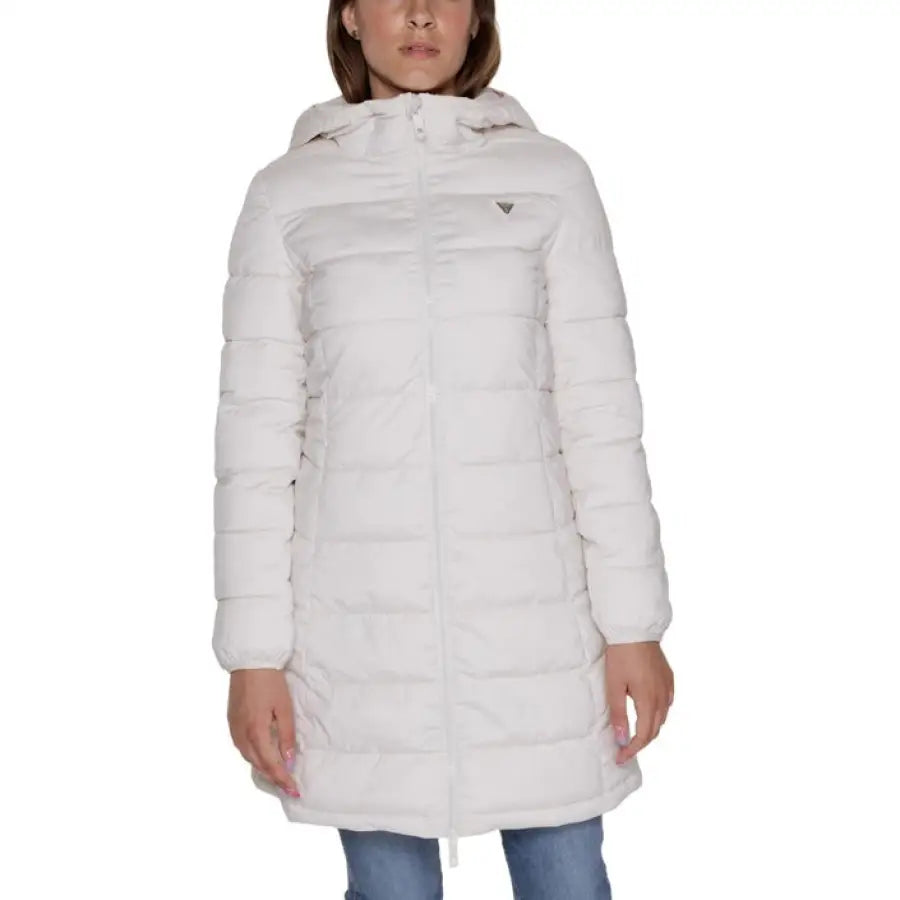 Guess Women White Quilted Puffer Coat with Hood - Stylish Winter Jacket