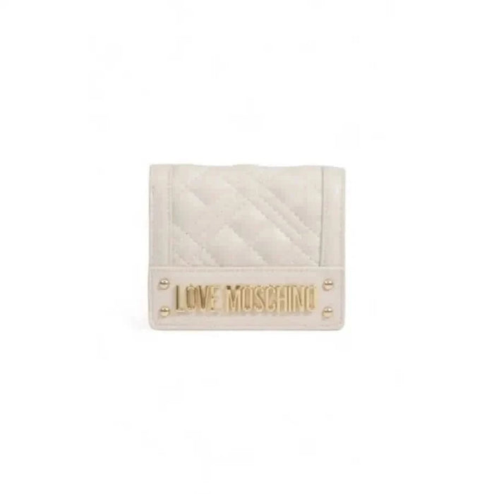 White quilted Love Moschino wallet featuring gold lettering on front