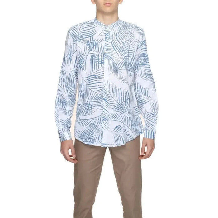 White Shirt with Blue Palm Leaf Print Pattern from Antony Morato Men Shirt Collection