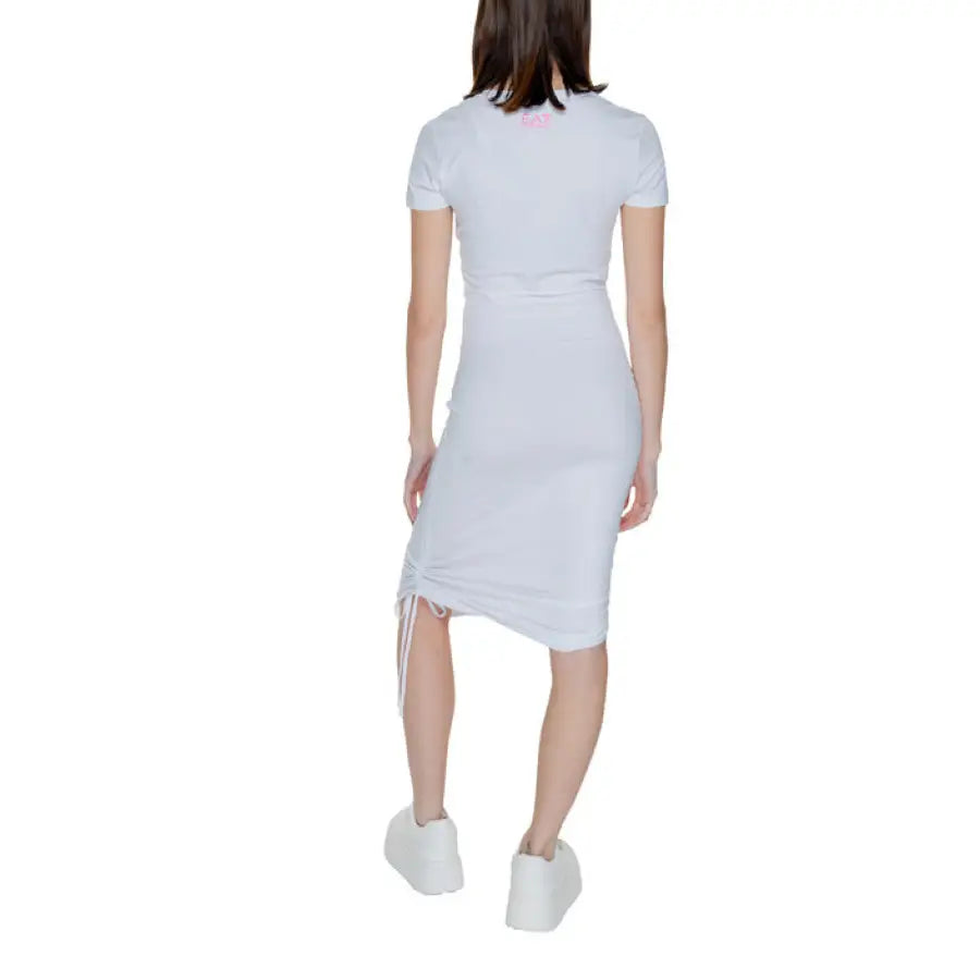 White form-fitting short-sleeved dress with side ruching - Ea7 Women’s Dress