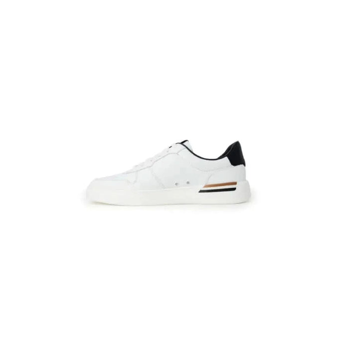 White sneaker with black heel detail and striped accents from Boss Men Sneakers