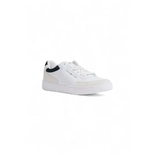 White Tommy Hilfiger Men Sneakers featuring a stylish black heel accent