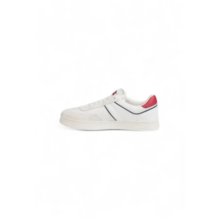 White sneaker with red heel accent and velcro straps by Tommy Hilfiger for men