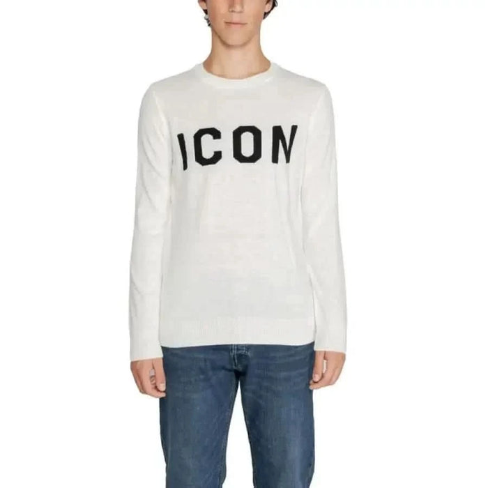 White sweater featuring large black ’ICON’ print, part of Icon Men Knitwear collection