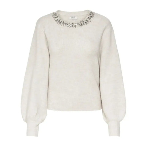 White jeweled sweater with puffy sleeves from Only Women Knitwear