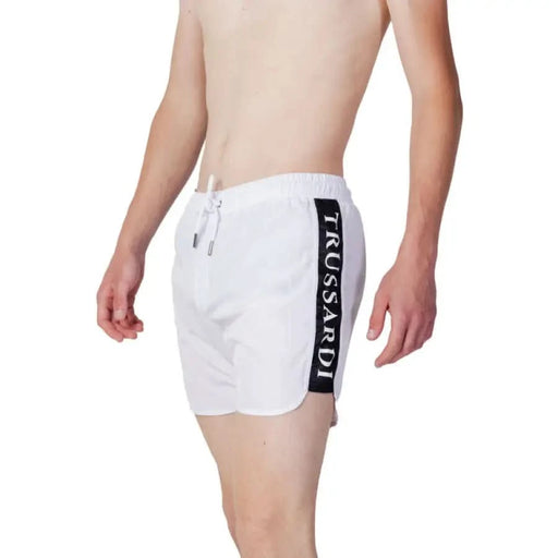 White swim shorts with TRUSSARDI print, showcased in Trussardi Beachwear Men Swimwear collection