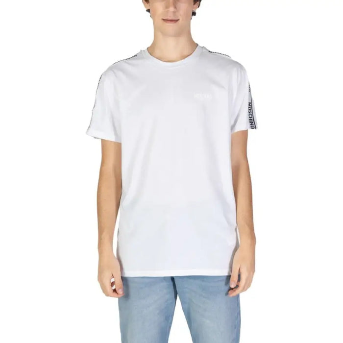 White Moschino Underwear Men T-Shirt featuring black text detail on the sleeve