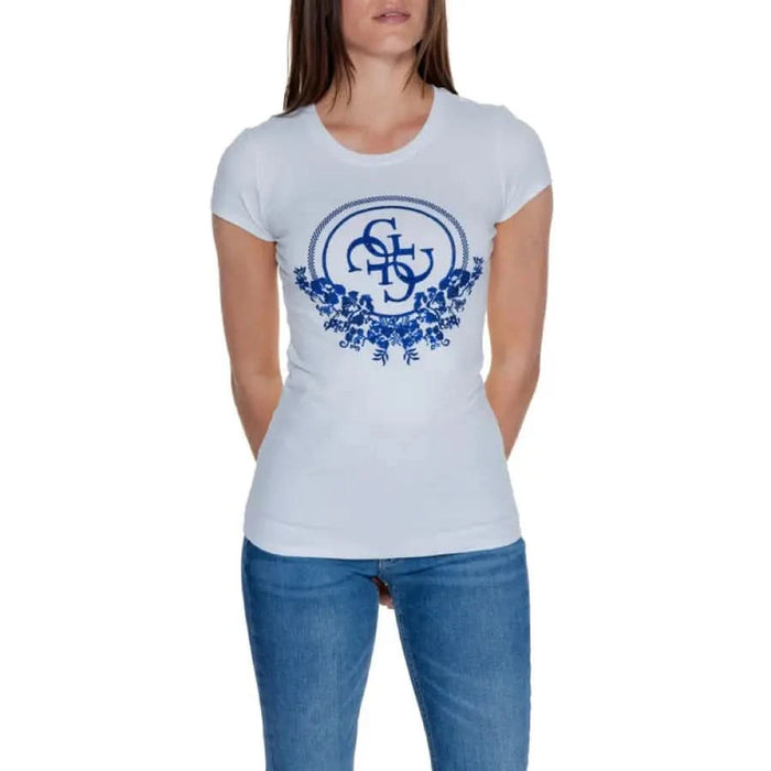 Guess Women T-Shirt - White with Blue Floral Logo Design