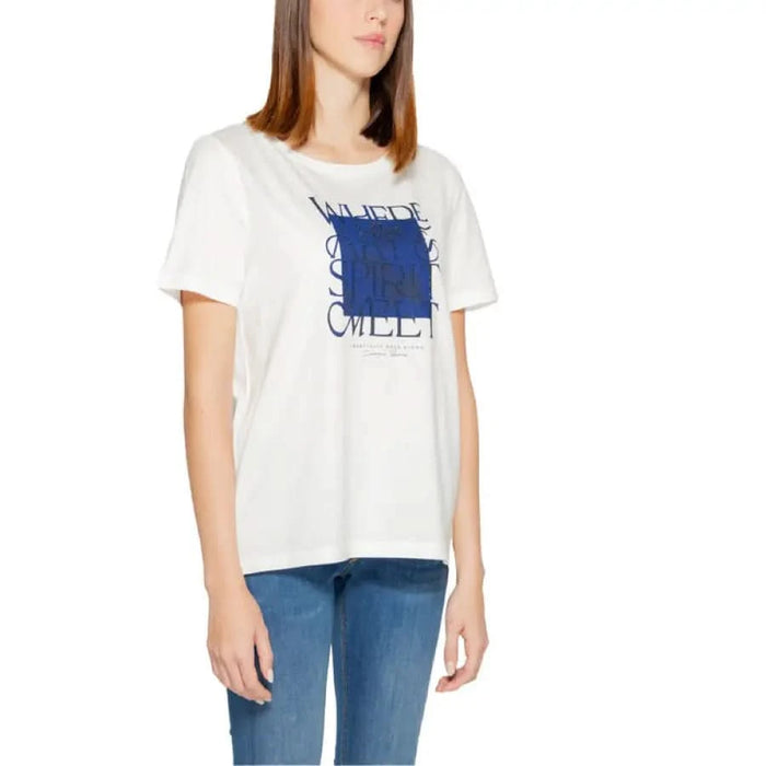 White Street One women’s t-shirt with blue text graphic design on the front