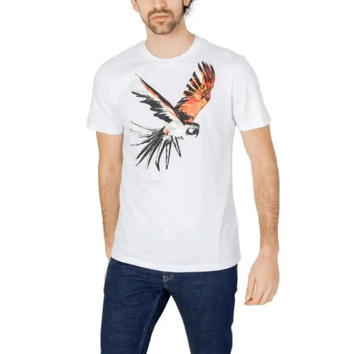 Antony Morato Men T-Shirt: White with Colorful Flying Parrot Design on the Front