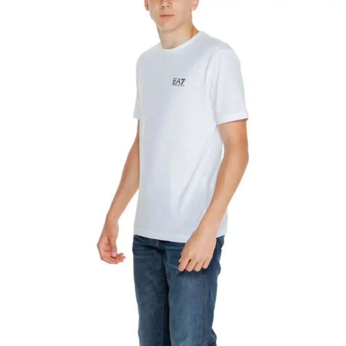 White T-shirt with EA7 logo on the chest displayed in EA7 Men T-Shirt product