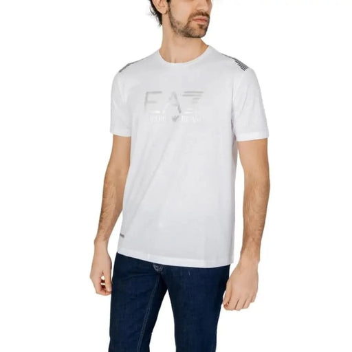 White T-shirt with EA7 logo and shoulder detailing worn by man in jeans - Ea7 Men T-Shirt