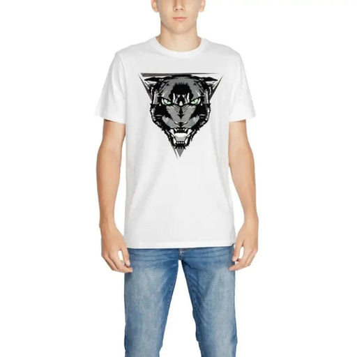 Antony Morato Men T-Shirt featuring a fierce cat face in a triangular shape on a white background