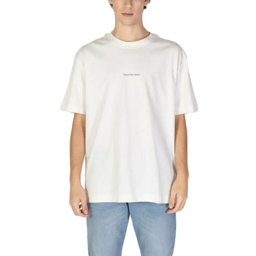 White Calvin Klein Jeans Men T-Shirt featuring minimal text detail on the chest