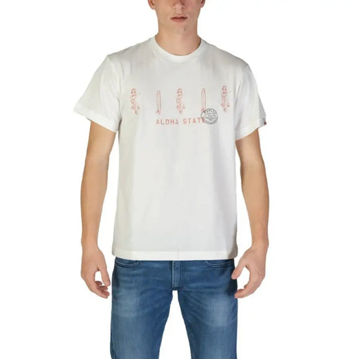 White Replay Men T-Shirt featuring pink text and graphics on the front