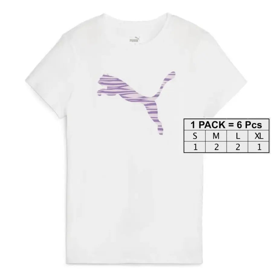 Puma Women T-Shirt: White with Purple Striped Puma Logo on Front