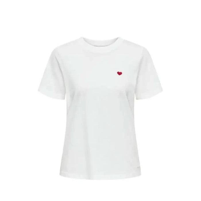 White Jacqueline De Yong Women T-Shirt with small red heart embroidery on chest