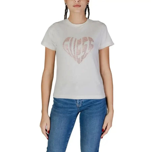 White Guess Active Women T-Shirt featuring rose gold heart-shaped SUPER graphic print