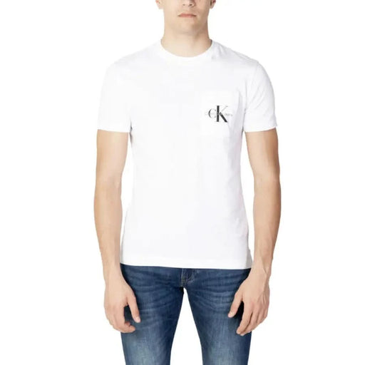 Calvin Klein Jeans Men T-Shirt - White with Small ’ck’ Logo on Chest