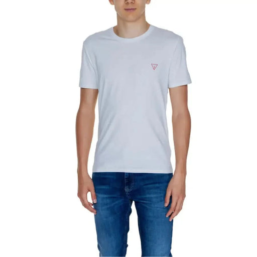 White Guess Men T-Shirt with small pink triangle logo on chest