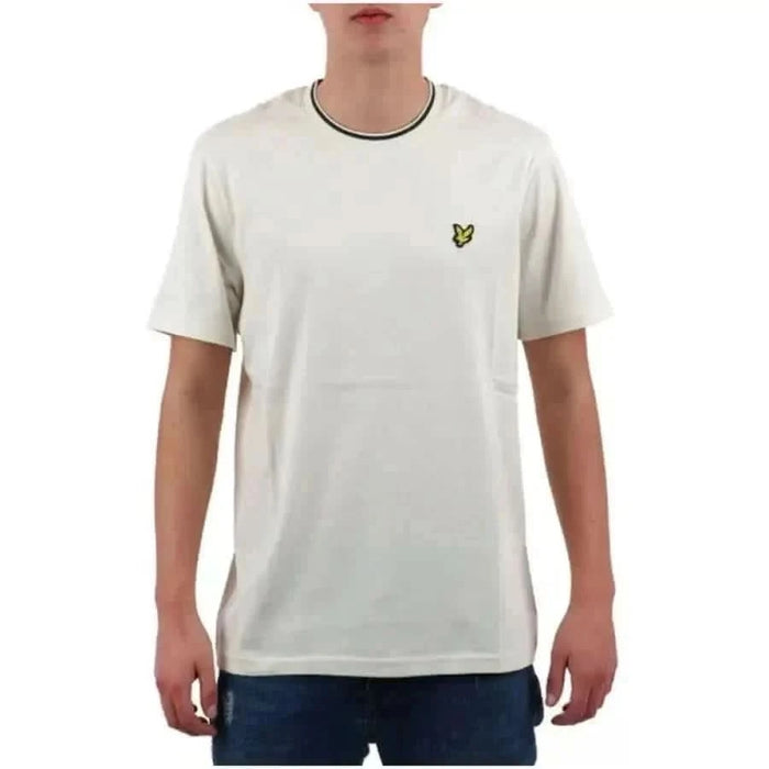 Lyle & Scott Men T-Shirt in white with yellow chest logo and dark-trimmed collar