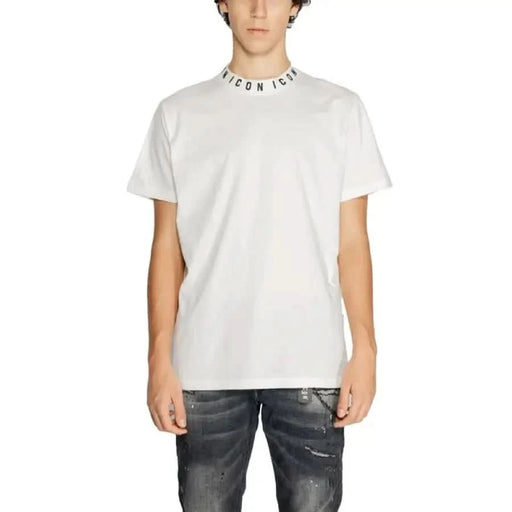 White Icon Men T-Shirt featuring printed text around the collar for stylish appeal