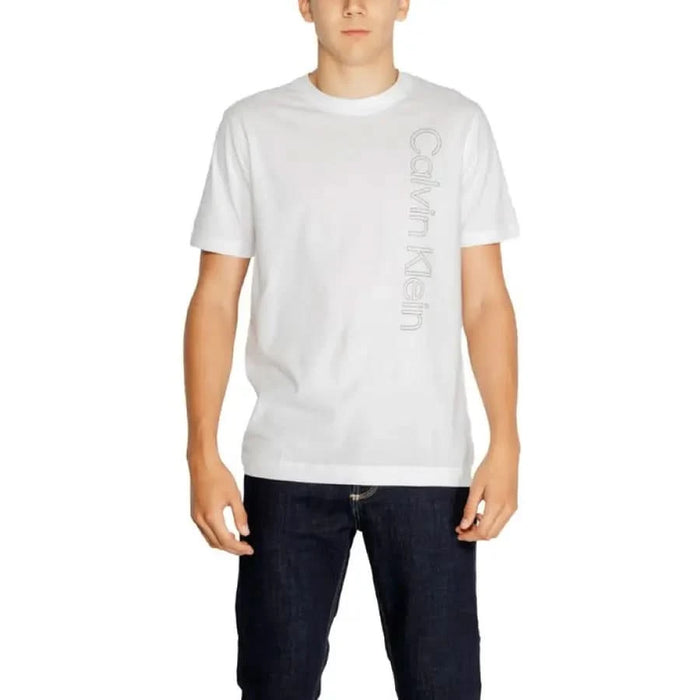 White Calvin Klein Sport T-shirt featuring vertical text design on the side