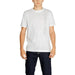 White Calvin Klein Sport T-shirt featuring vertical text design on the side