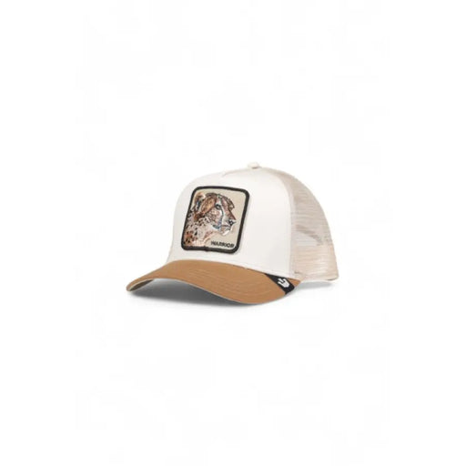 White and tan trucker baseball cap featuring a tiger patch from Goorin Bros