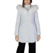 White winter coat with fur-trimmed hood from Guess for women, featuring zip front closure