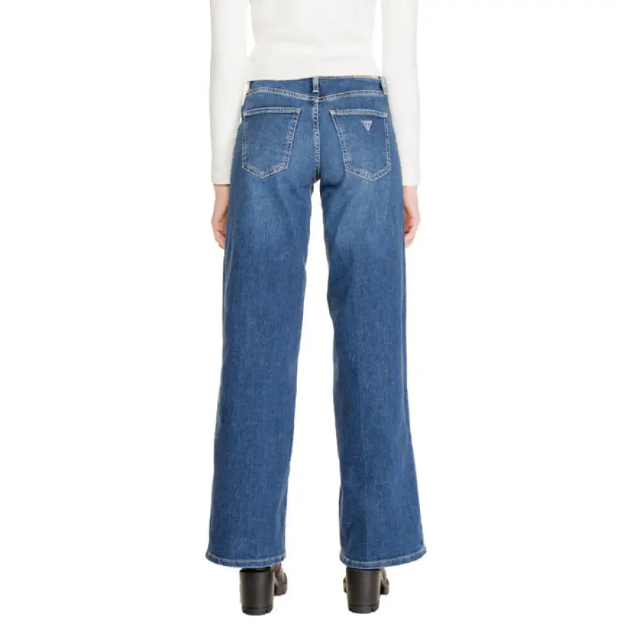 Guess - Women Blue Wide-Leg Jeans with White Top at Waist - Stylish Denim Fashion